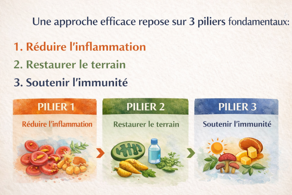 3 piliers fondamentaux : 1. Réduire l’inflammation 2. Restaurer le terrain 3. Soutenir l’immunité