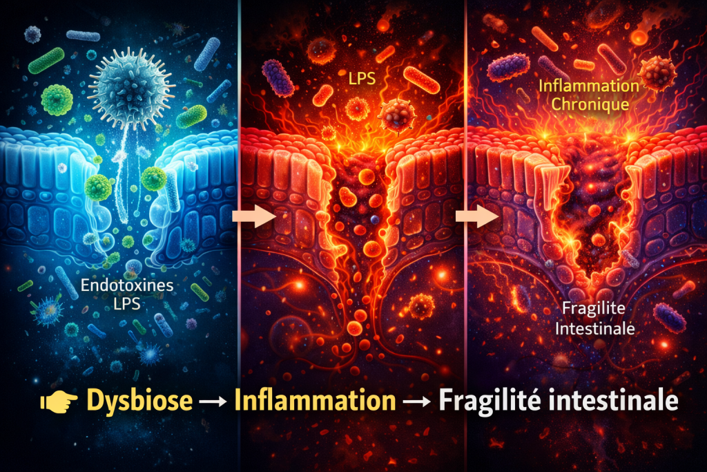 Dysbiose → Inflammation → Fragilité intestinale